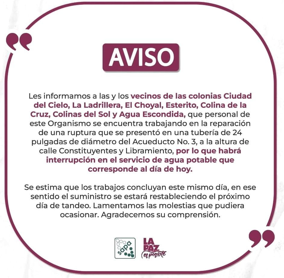 Trabaja el OOMSPAS La Paz en la reparación de ruptura en acueducto 3