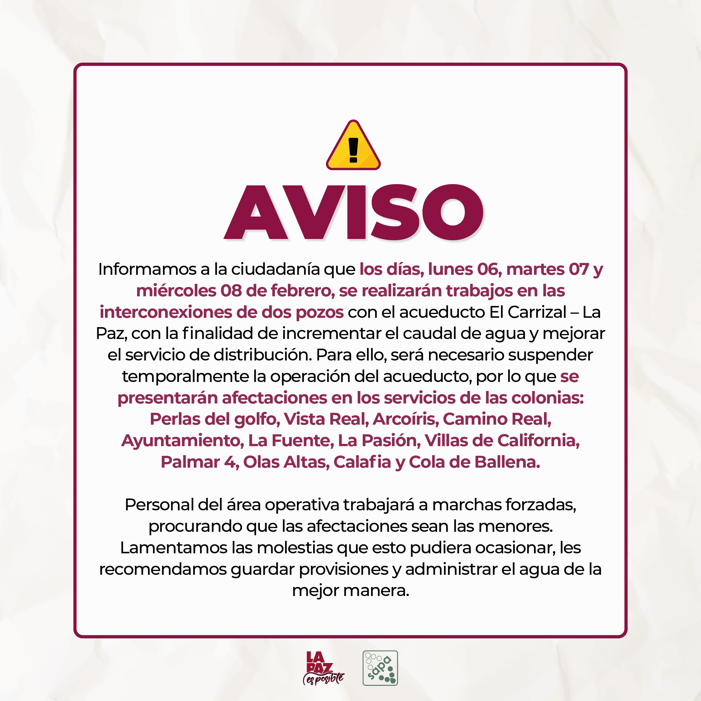 Se suspenderá el suministro en colonias al sur de la ciudad, debido a trabajos operativos para mejoras del servicio: OOMSAPAS La Paz