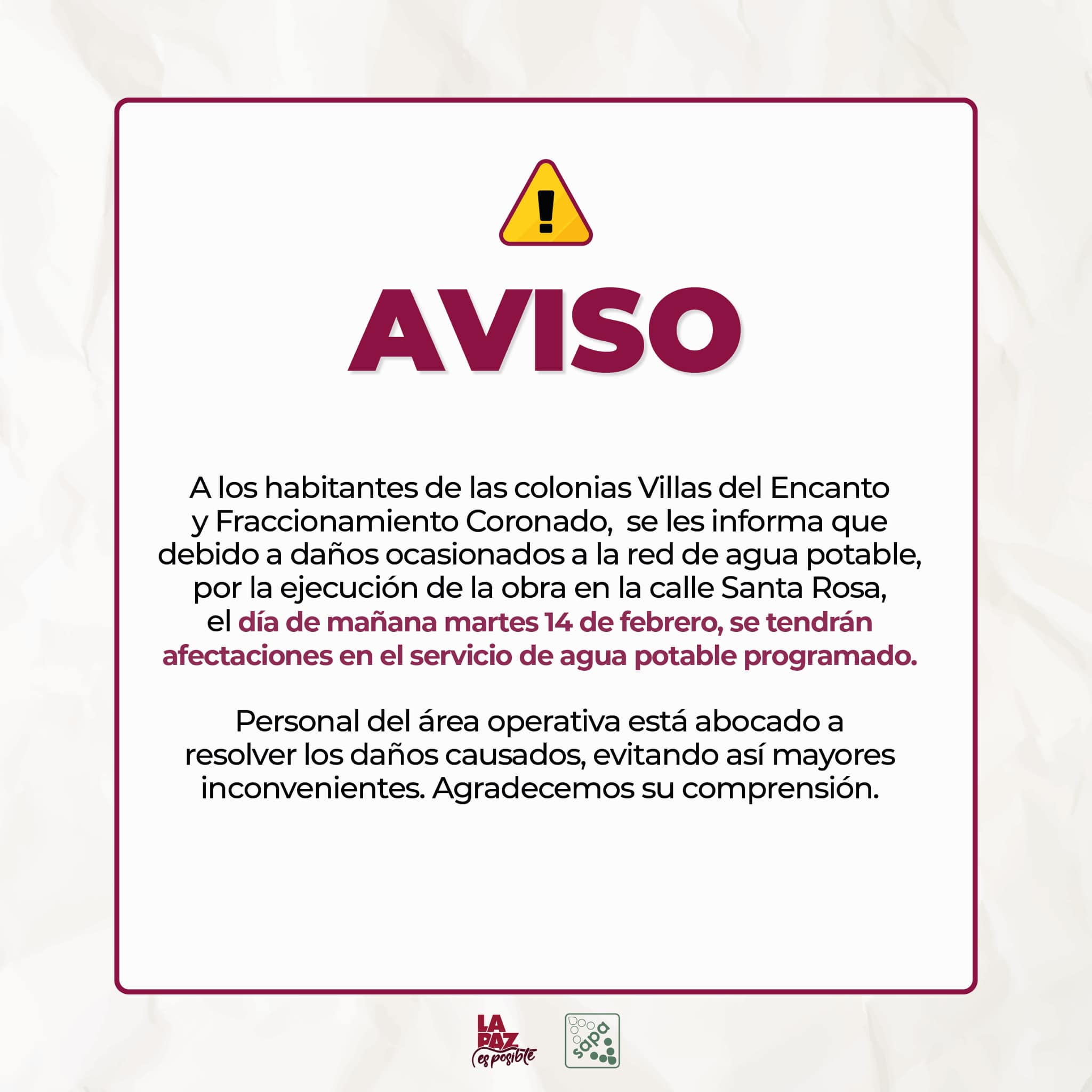 Trabajará OOMSAPAS La Paz en una reparación, afectará el servicio en Villas del Encanto y Fraccionamiento Coronado