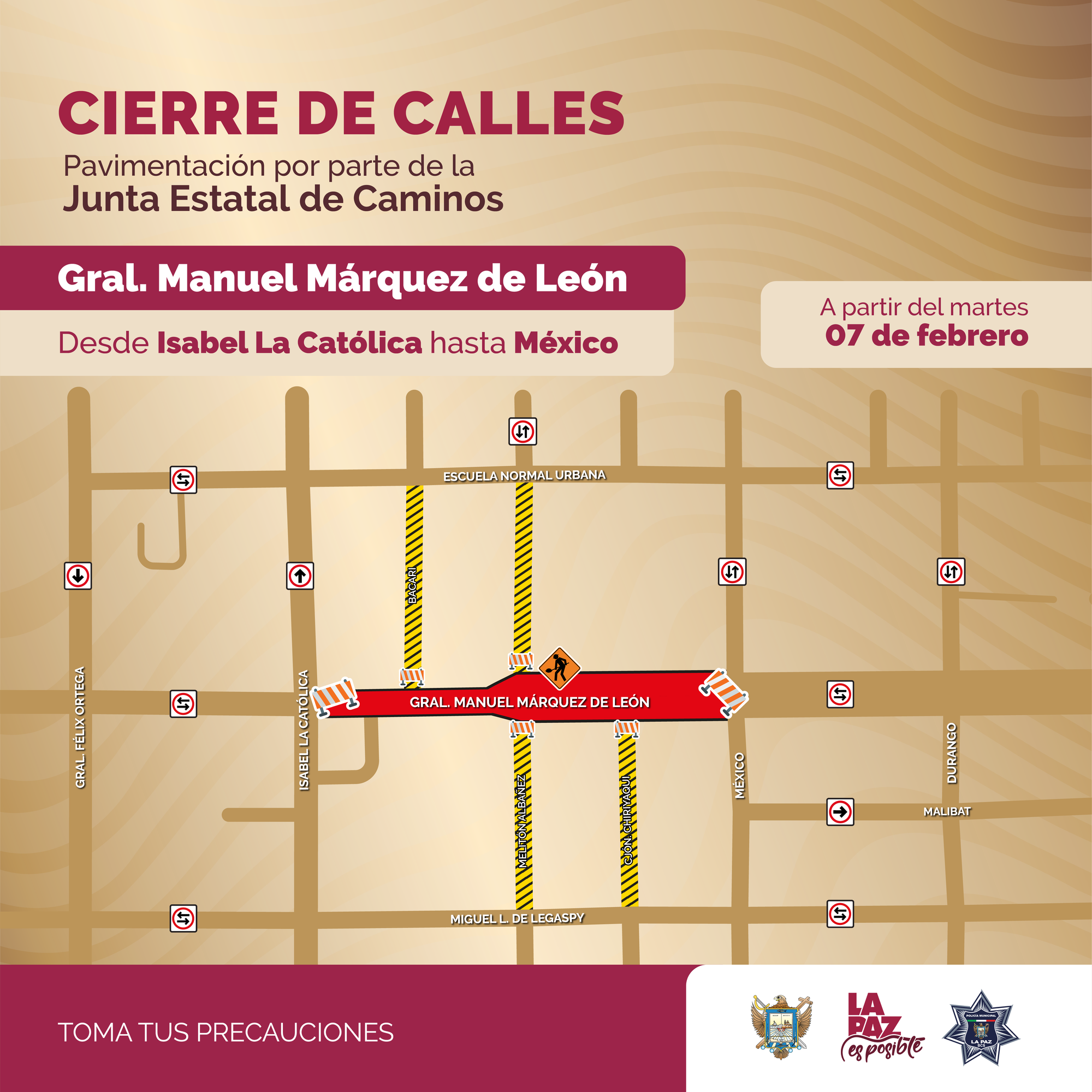 Cierre temporal a la circulación en calle Manuel Márquez de León por trabajos de reconstrucción con concreto hidráulico