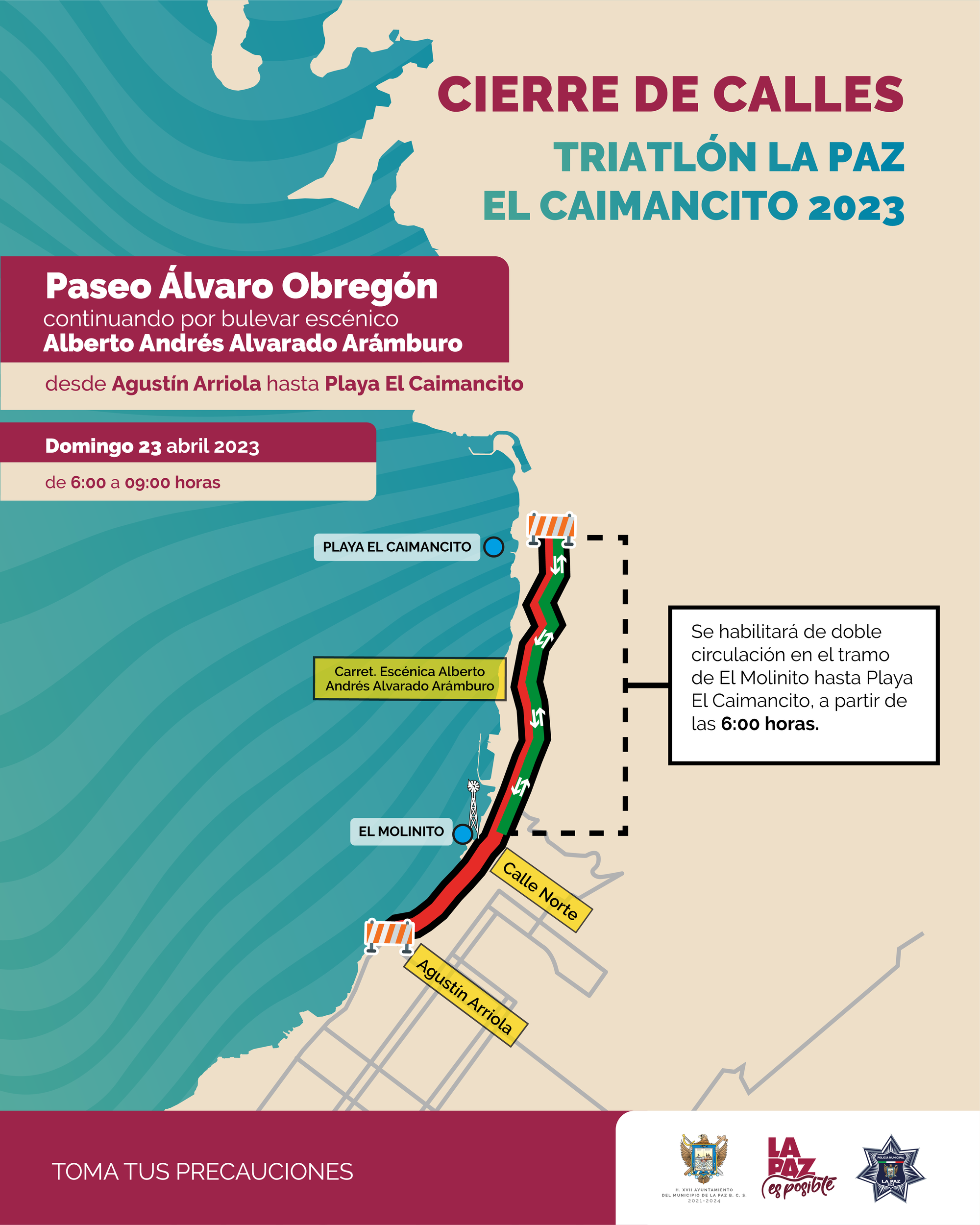 Cierre del Paseo Álvaro Obregón por Triatlón La Paz El Caimancito 2023