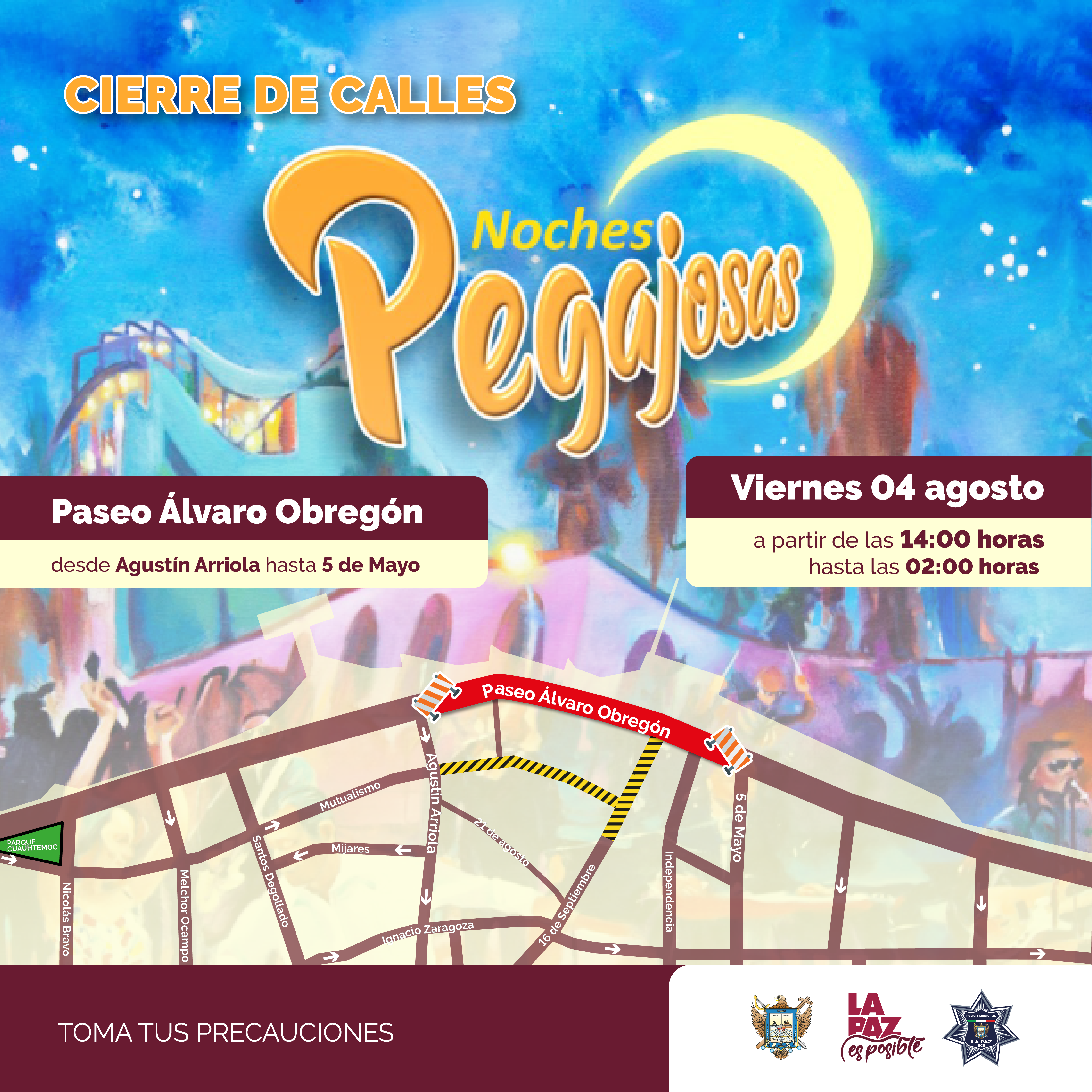 Cierre vial en el Paseo Álvaro Obregón por evento “Noches Pegajosas”