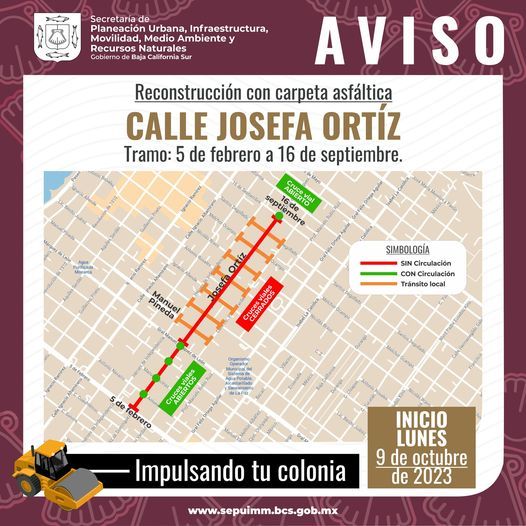 Cierre de circulación por obras de reconstrucción con carpeta asfáltica en la calle Josefa Ortiz de Domínguez