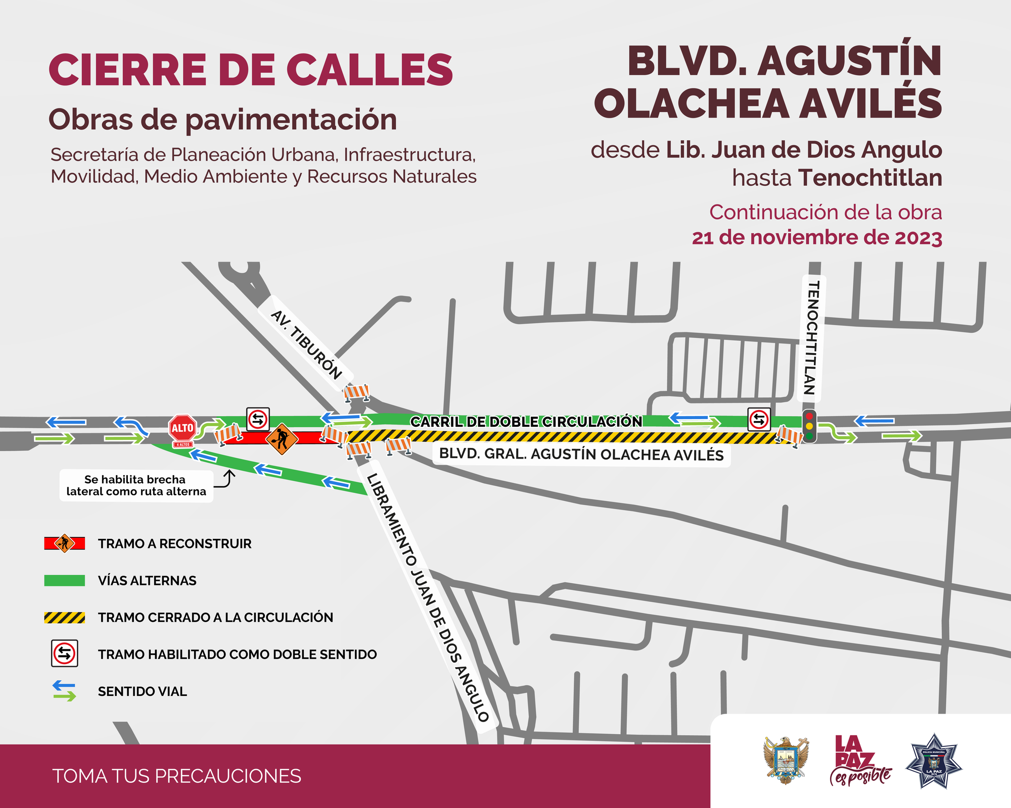 Se retoma el cierre de circulación vial del bulevar Agustín Olachea por obra de pavimentación