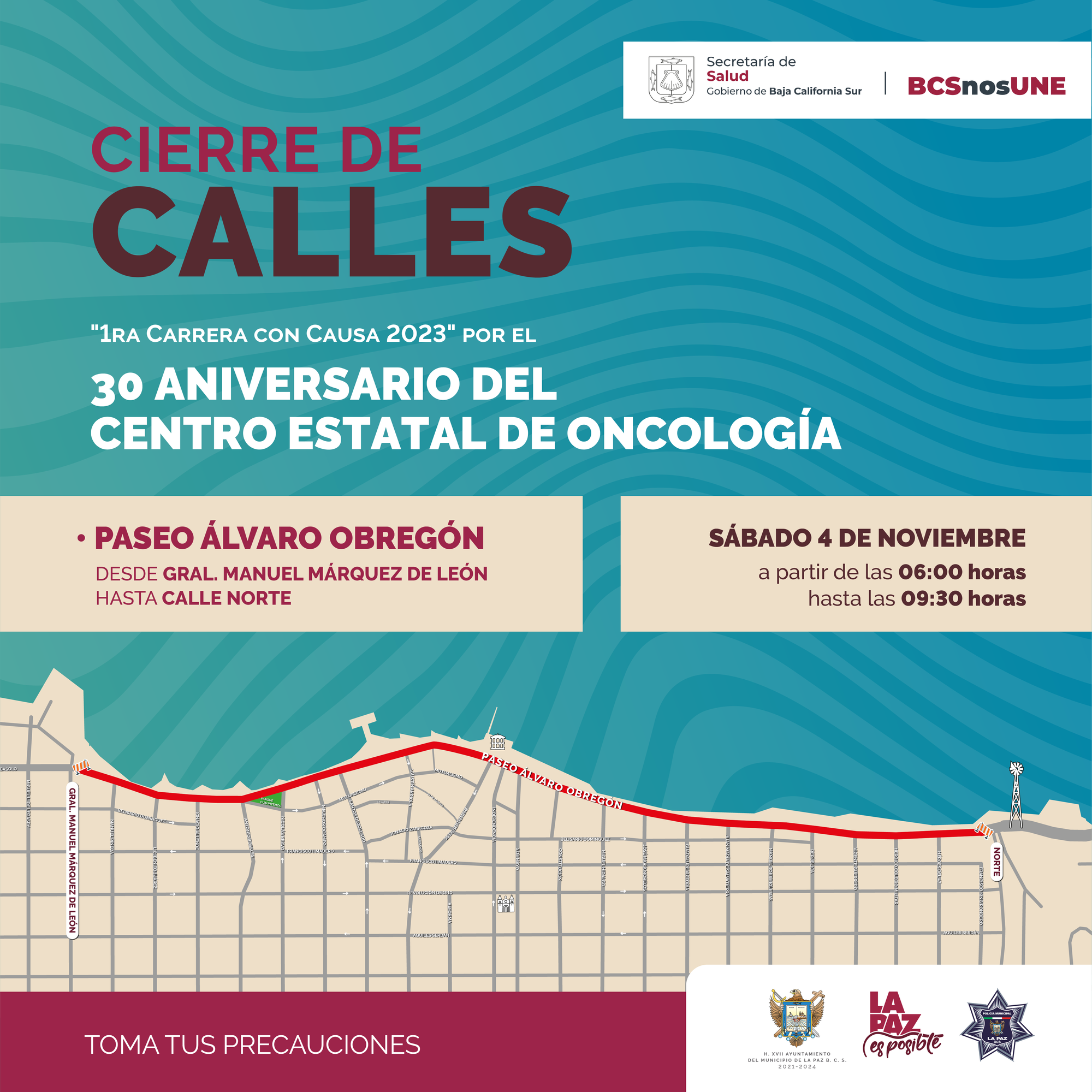 Cierre vial en el Paseo Álvaro Obregón por carrera conmemorativa al 30 aniversario del Centro Estatal de Oncología