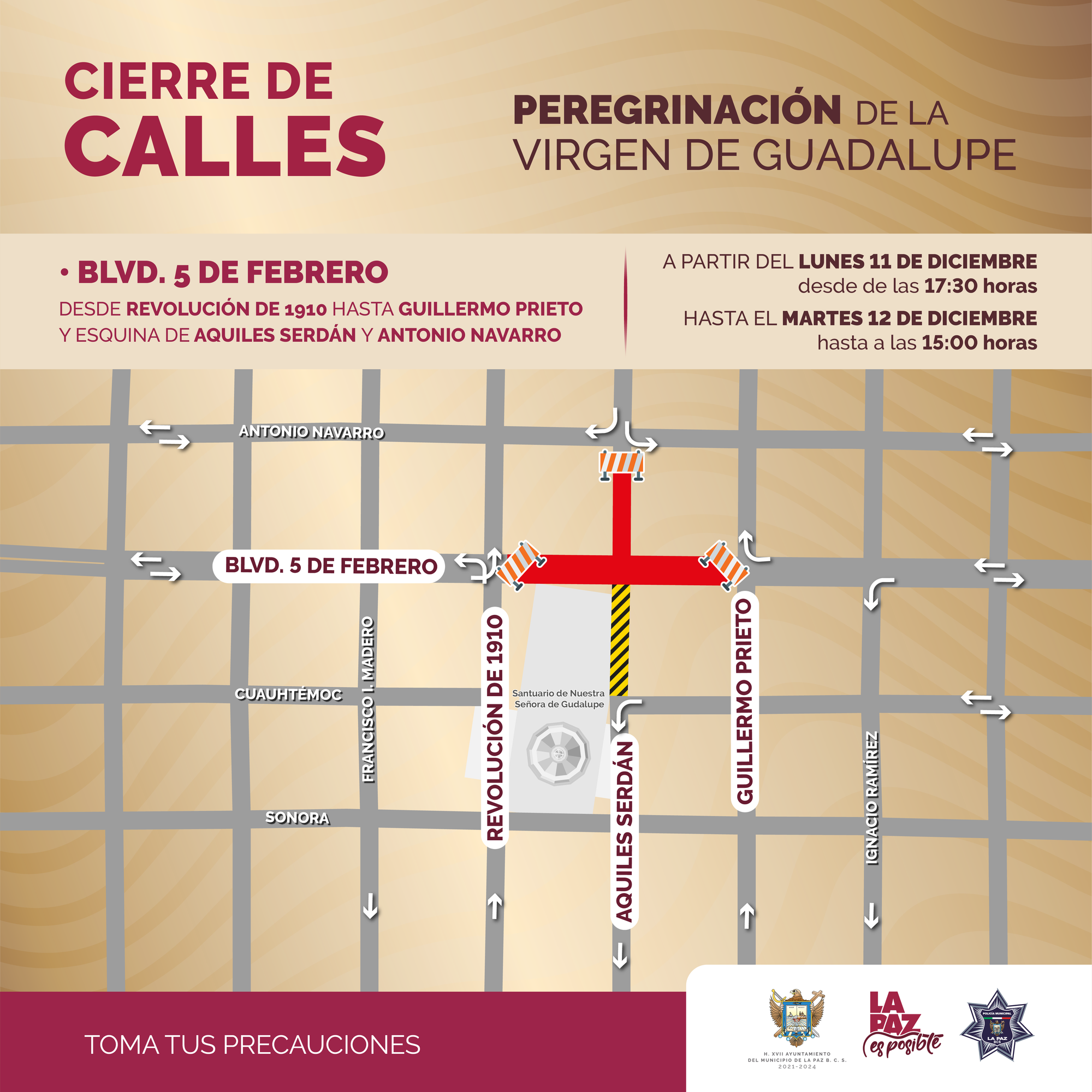 Calles aledañas al Santuario de Nuestra Señora de Guadalupe estarán cerradas por el arribo de peregrinos
