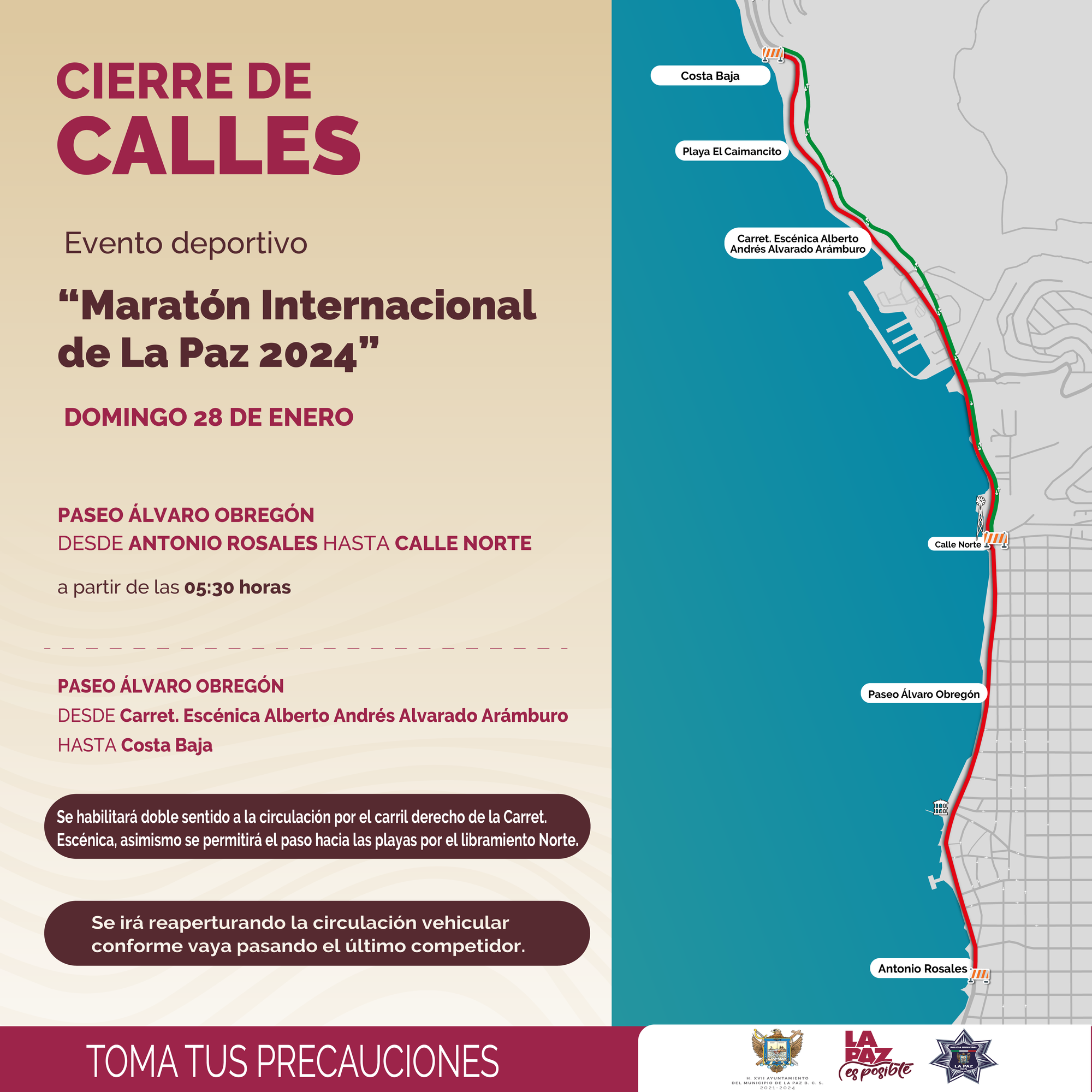 Domingo 28 de enero se realizará el cierre a la circulación en el paseo Álvaro Obregón para el desarrollo del “Maratón Internacional de La Paz 2024”