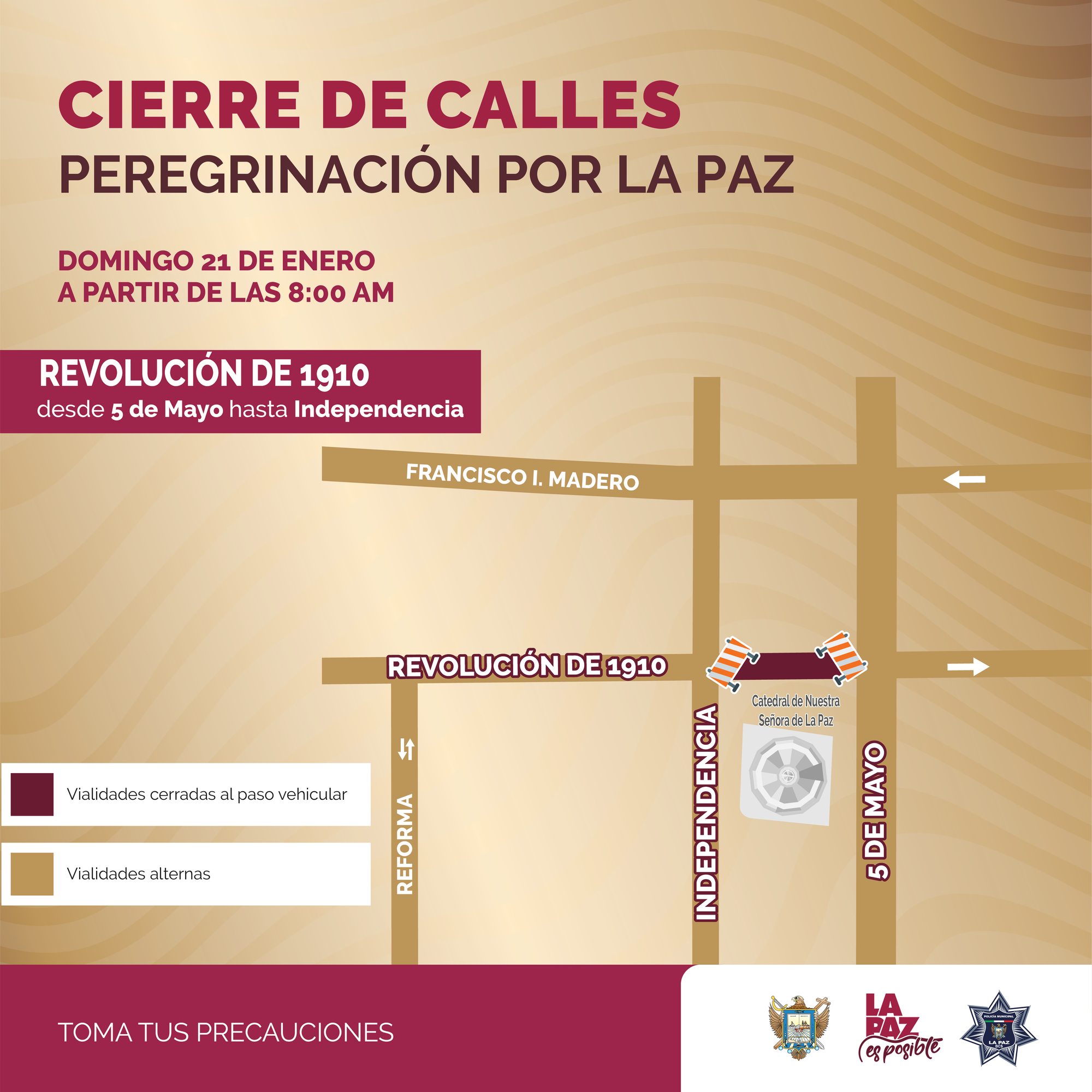 Habrá cierres temporales a la circulación vial en el Paseo Álvaro Obregón y calles del Centro Histórico.