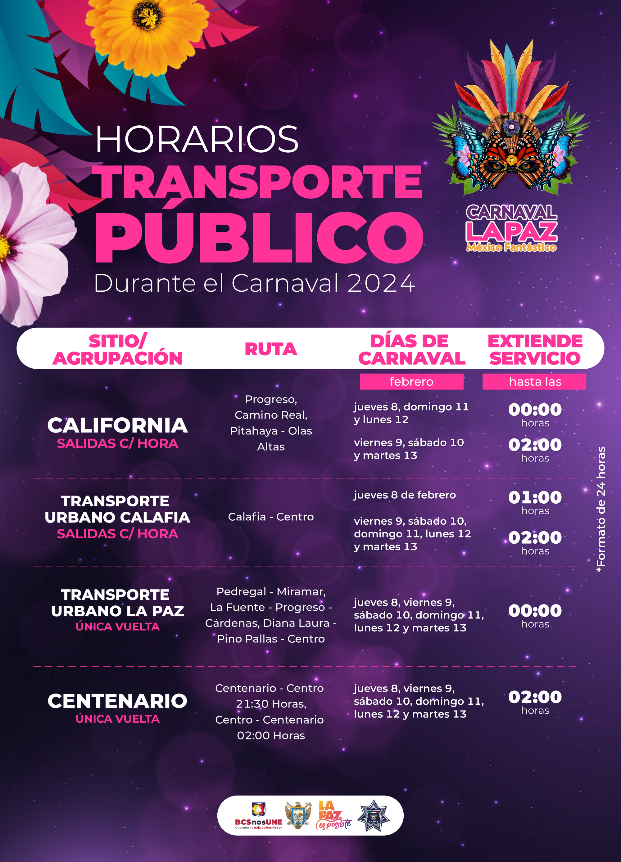 Amplían horario del transporte público para carnaval La Paz 2024 “México Fantástico”