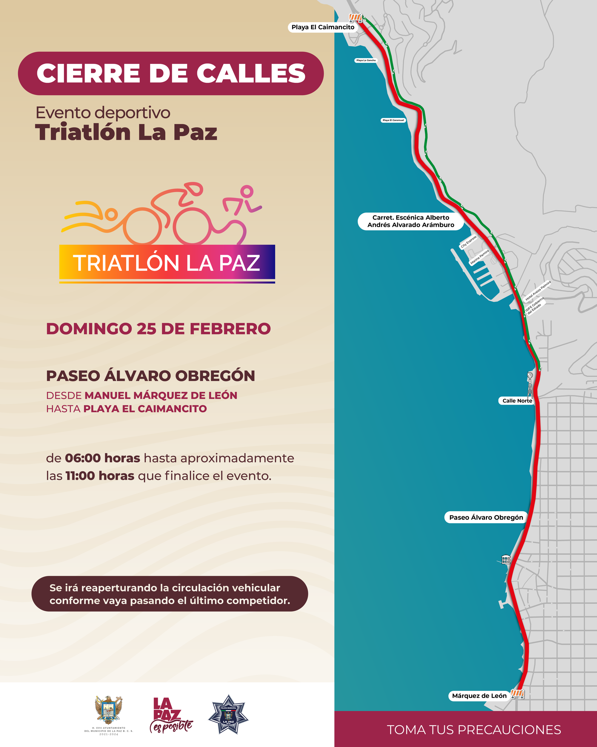 Cierre del malecón costero por la primera fecha del serial Estatal Triatlón La Paz