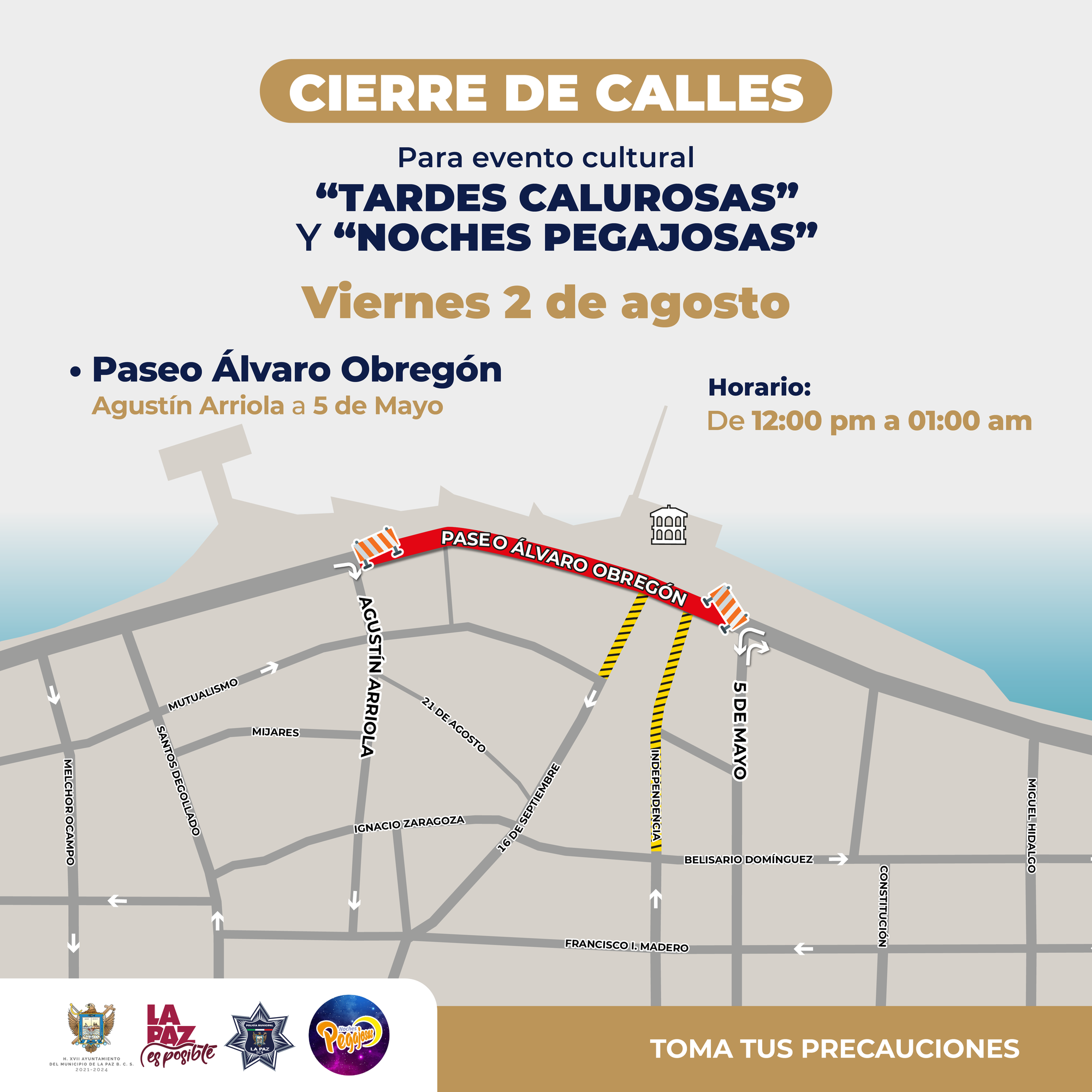 Cierre vial en el Paseo Álvaro Obregón por evento cultural “Tardes Calurosas” y concierto “Noches Pegajosas”