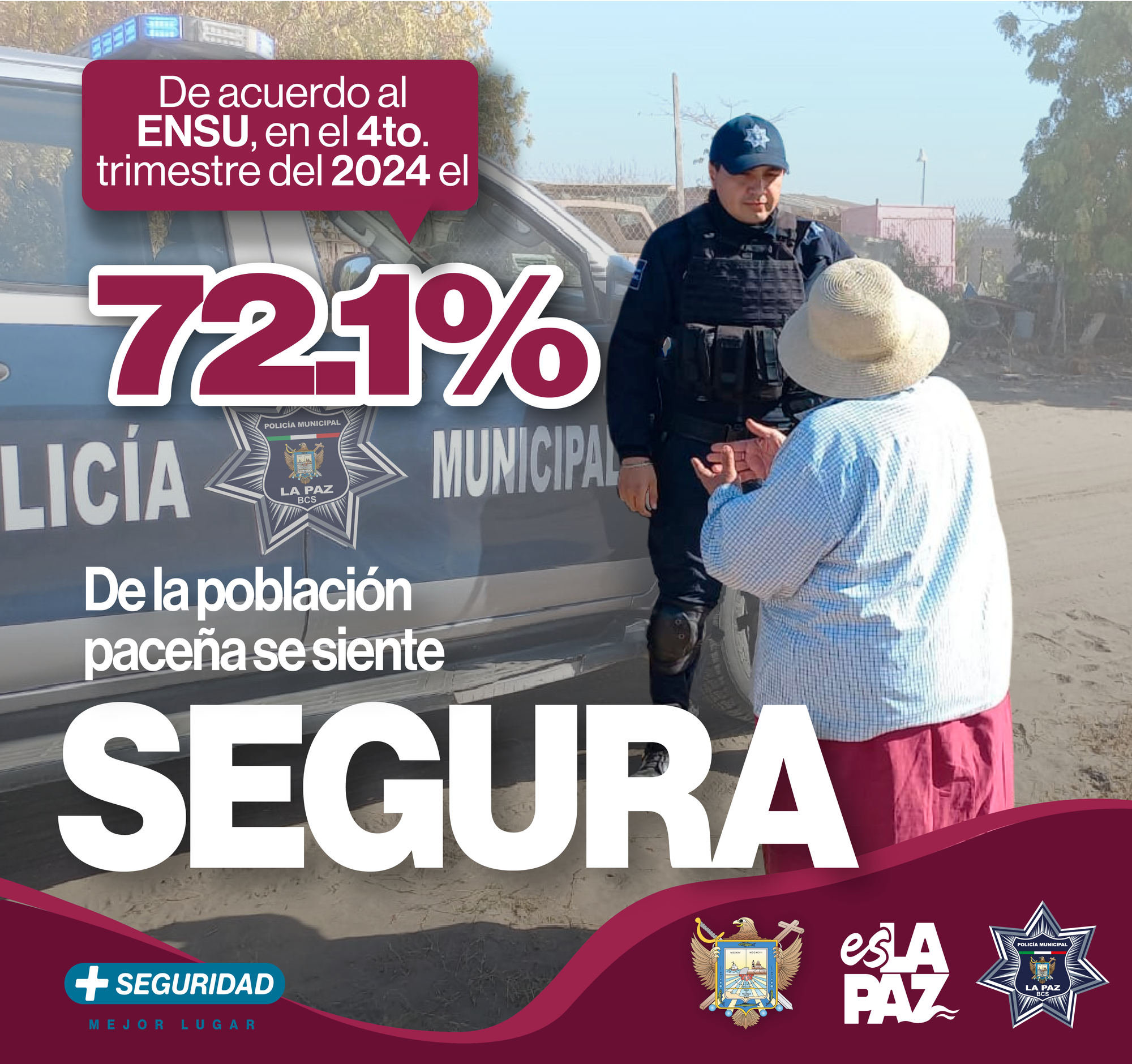 El 72.1% de la población en La Paz se siente segura, reveló la ENSU