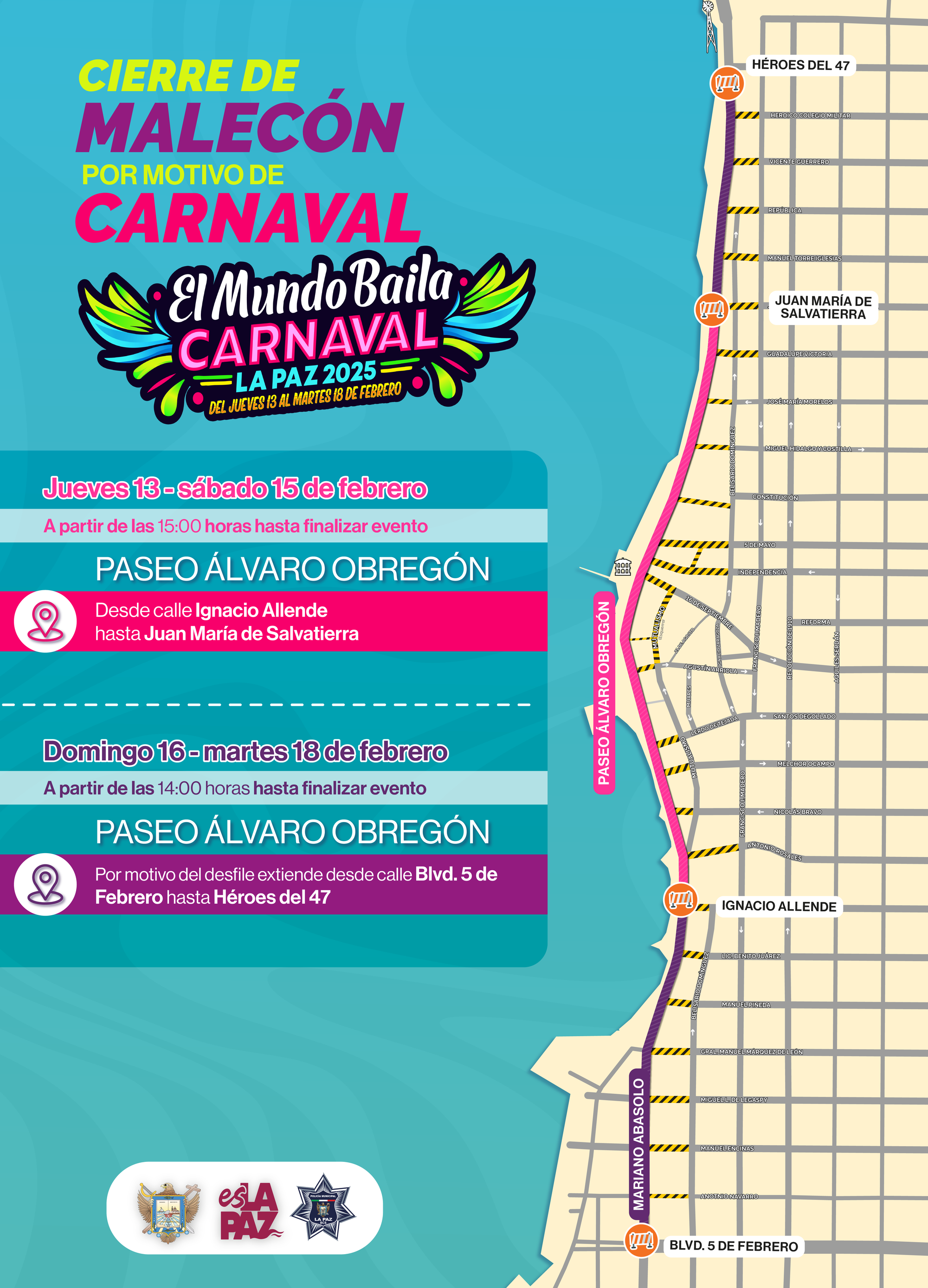 Cerrará Tránsito Municipal vialidades con motivo de Carnaval La Paz 2025 "El Mundo Baila"