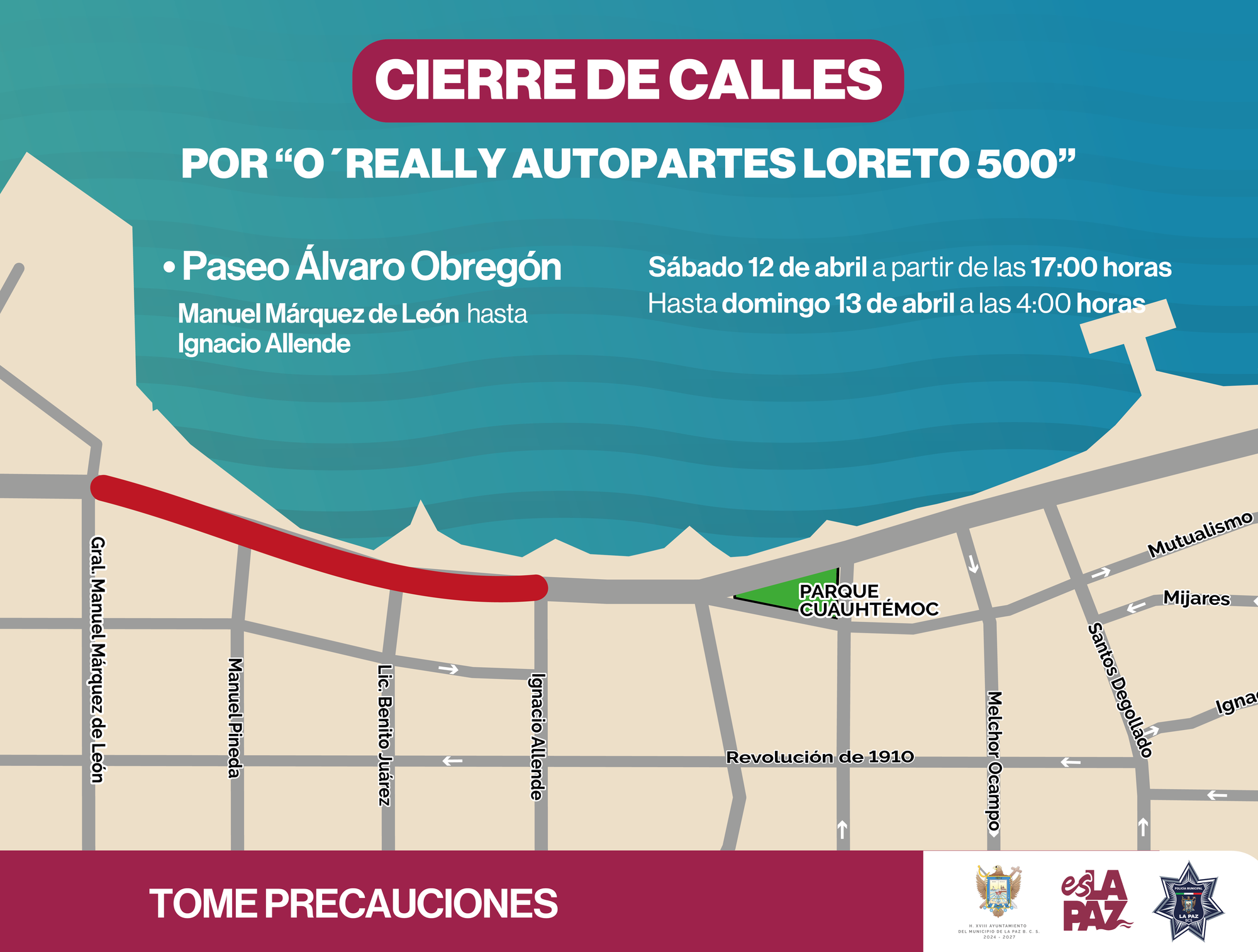 Anuncia cierre vial del malecón por la carrera O’Reilly Autopartes Loreto 500