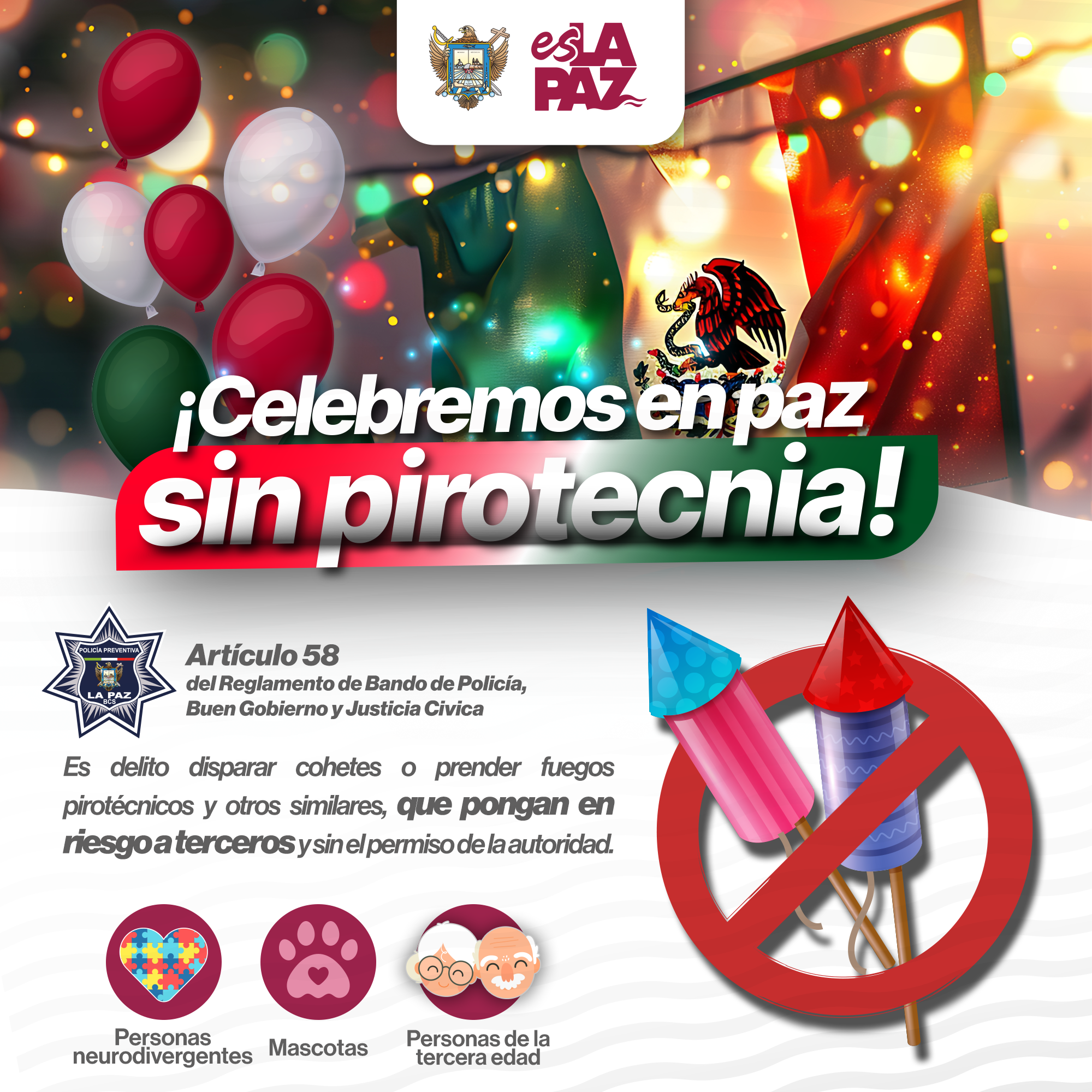 Ayuntamiento de La Paz invita a celebrar fiestas patrias sin pirotecnia