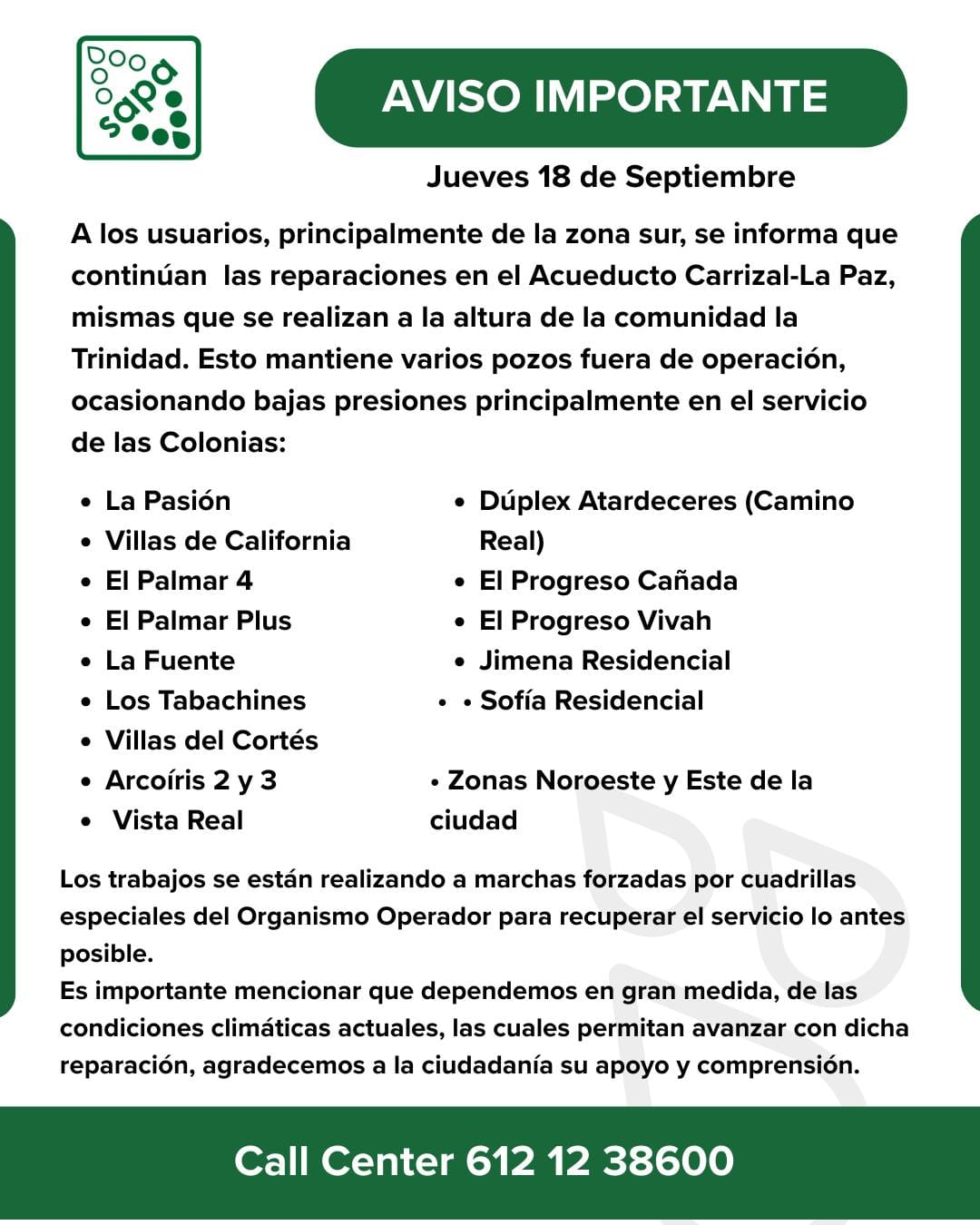 Continúan obras de reparación en el Acueducto El Carrizal ocasionando bajas presiones en zonas de la ciudad