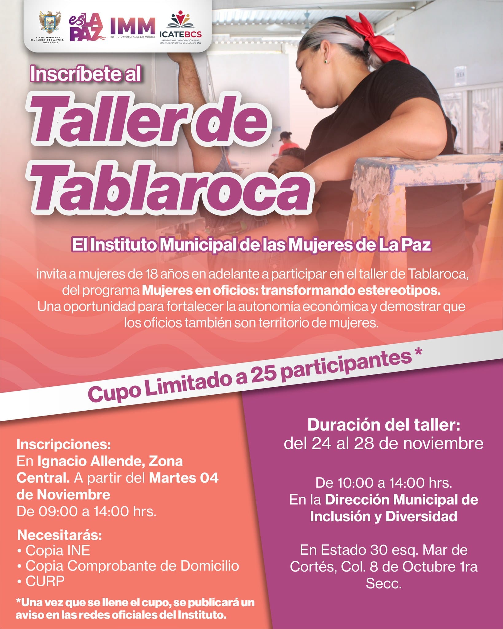 Impartirán taller gratuito de Tablaroca a mujeres de La Paz