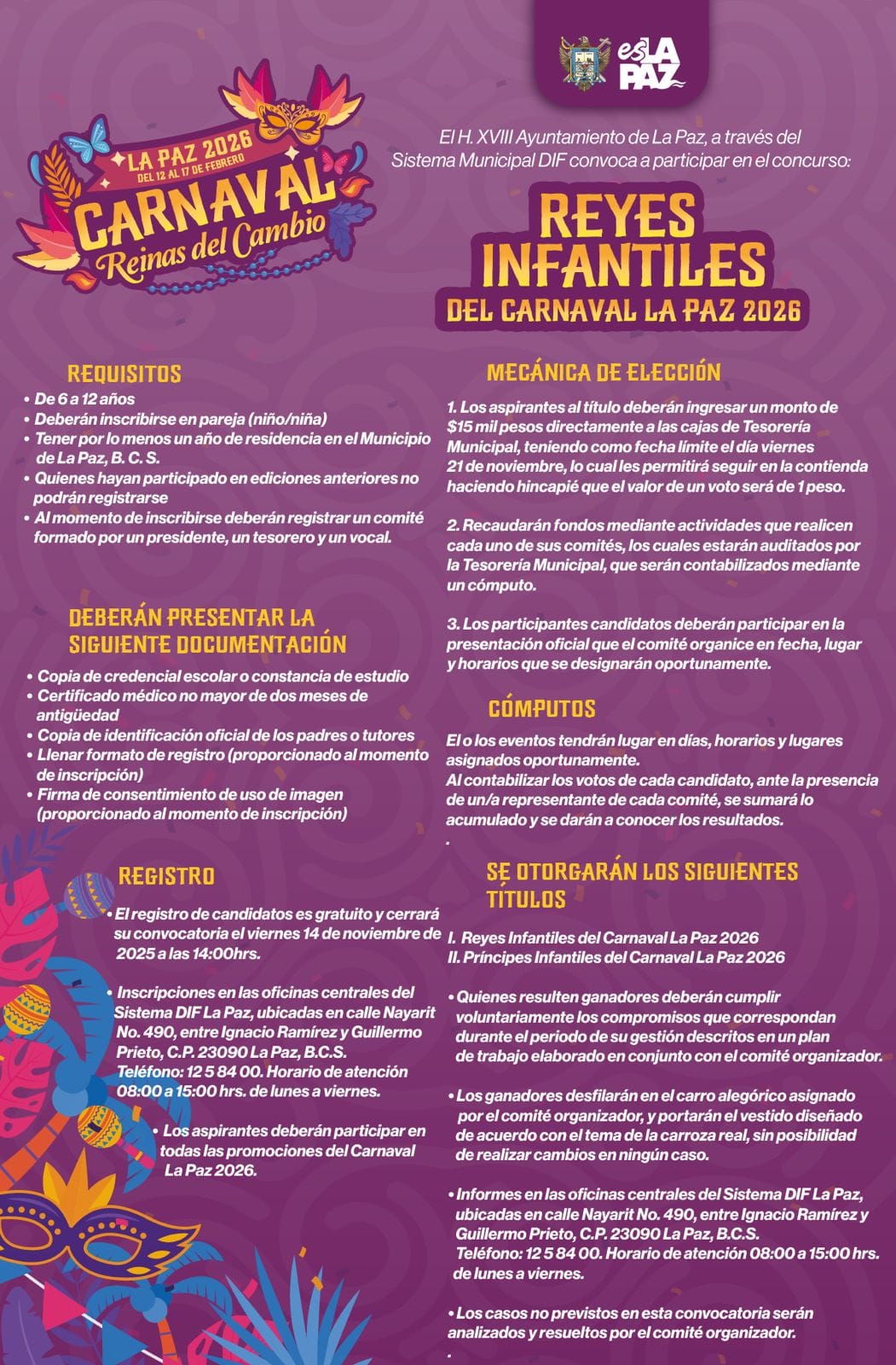 Invita DIF La Paz a participar en la convocatoria de Reyes Infantiles y de la Tercera Edad del Carnaval 2026