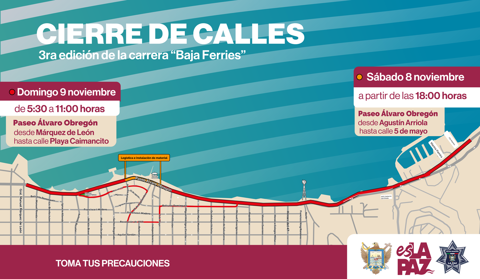 Cierre del Paseo Álvaro Obregón y calles del Centro Histórico por 3ra. edición de la carrera Baja Ferries