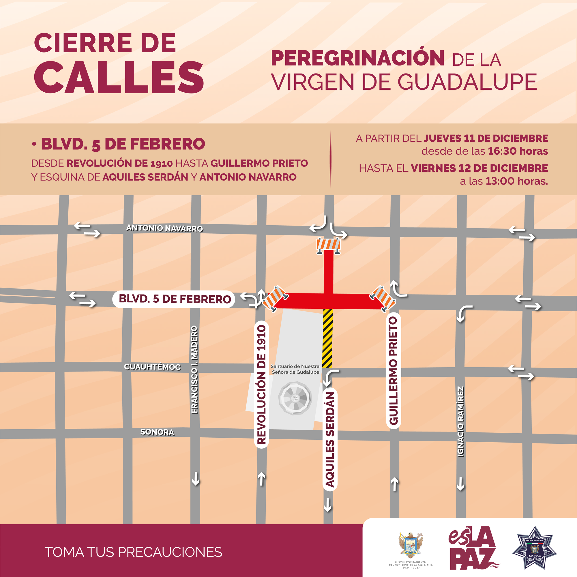 Anuncian cierres viales por celebraciones a la Virgen de Guadalupe