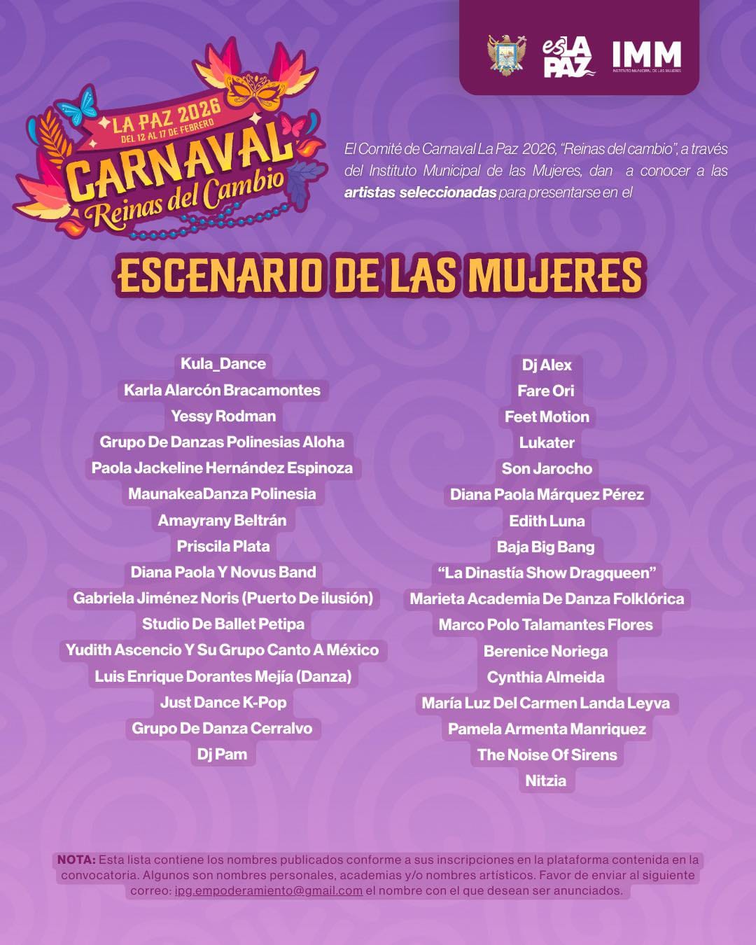 Anuncia el Instituto Municipal de las Mujeres cartelera artística del Carnaval La Paz 2026