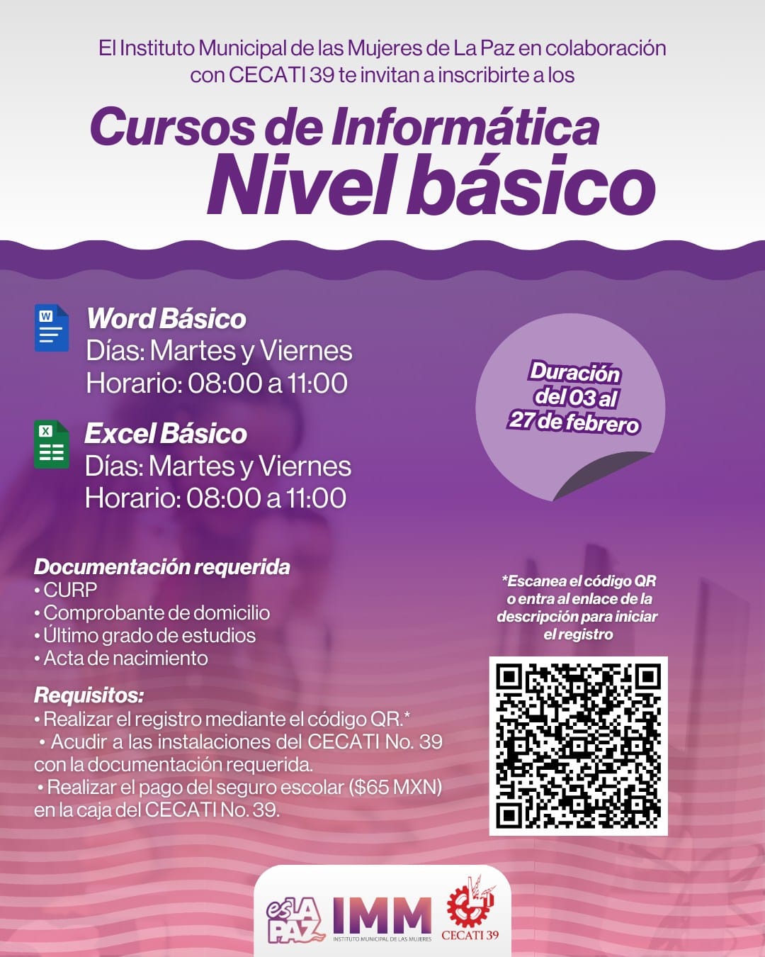 IMM La Paz invita a los cursos de Informática básica en el CECATI 39