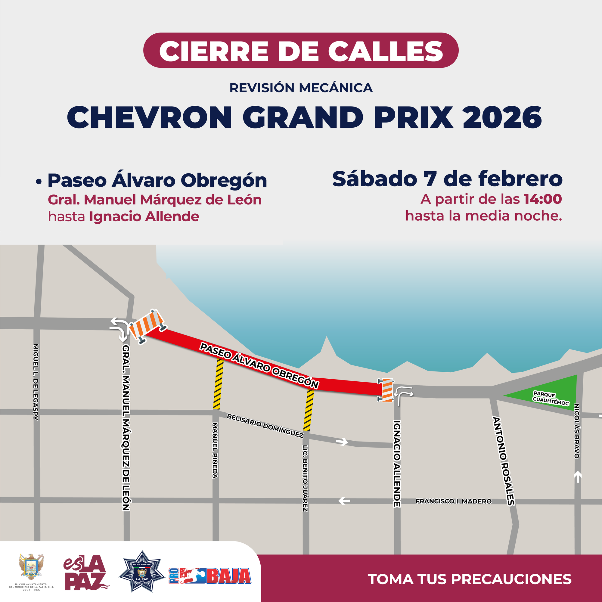 Anuncian cierres viales en el Malecón de La Paz y sobre la calle 5 de Mayo