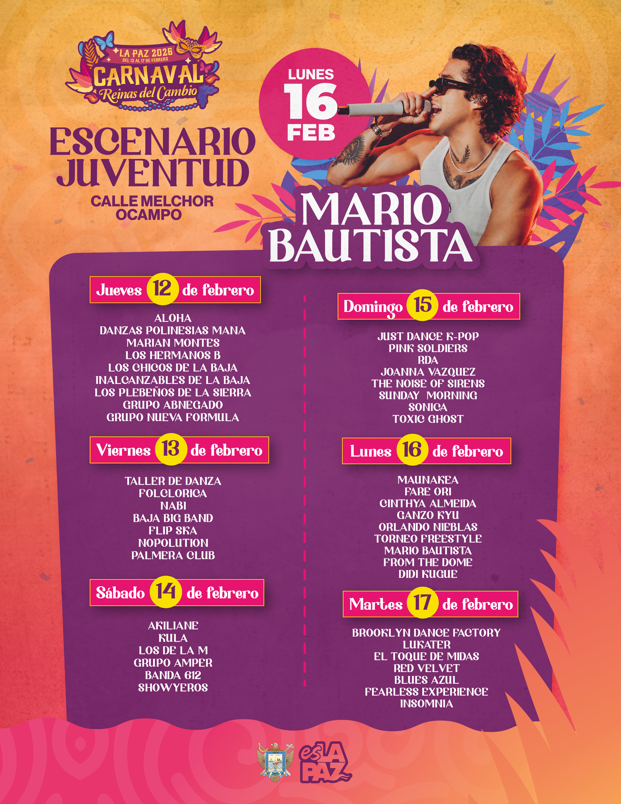 Más de 300 artistas locales se presentarán en el Escenario Juvenil del Carnaval La Paz 2026