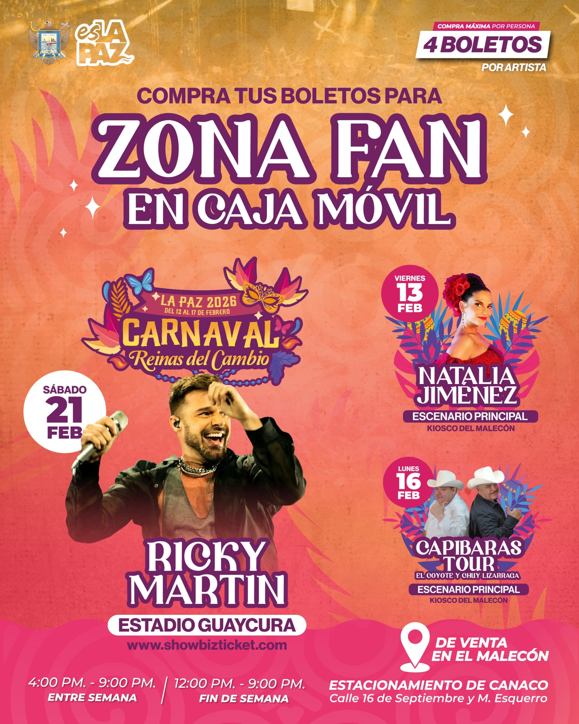 Adquiere tus boletos para Ricky Martín, Natalia Jiménez y Capibaras Tour en el Malecón de La Paz