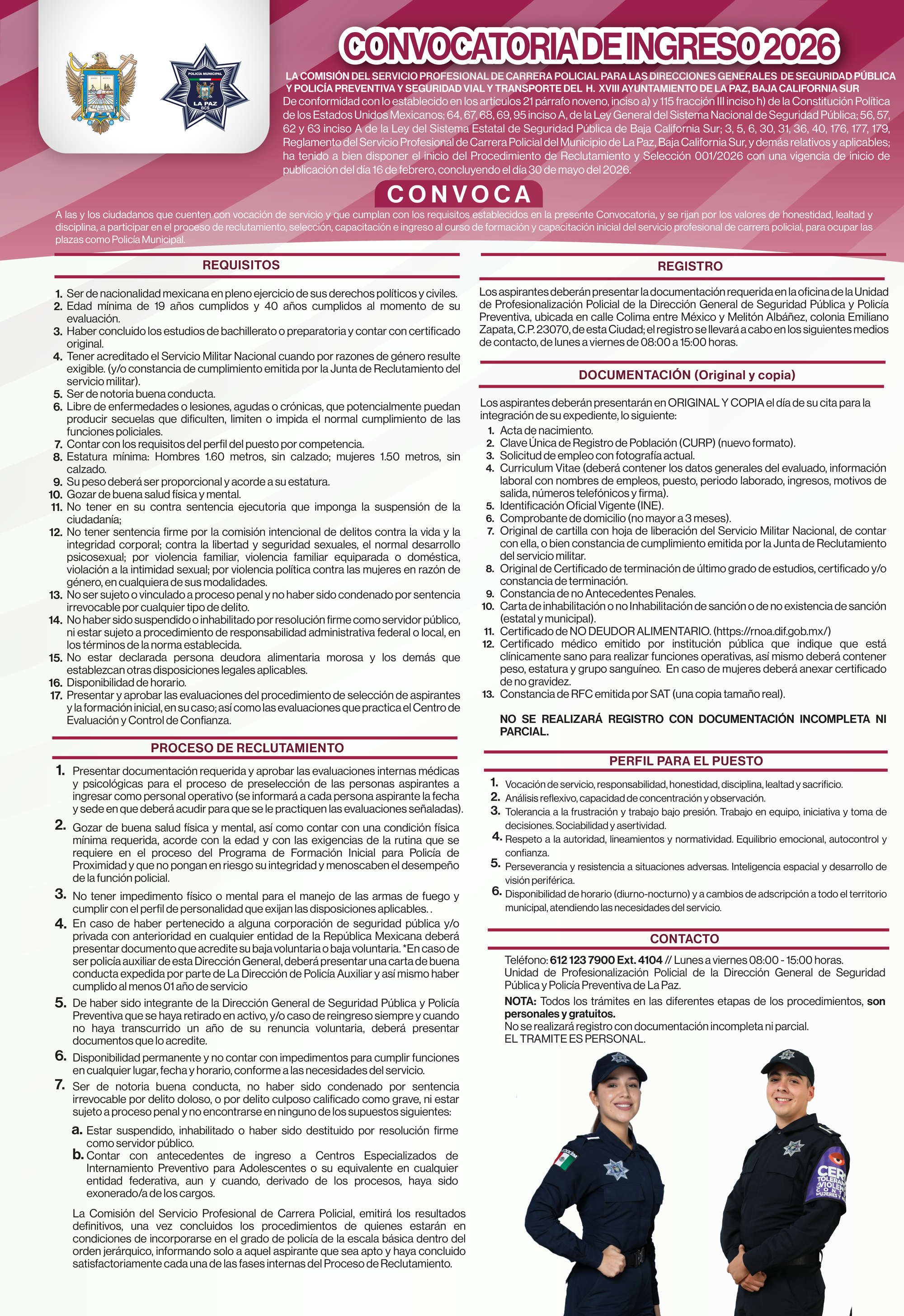 Abre Policía Municipal de La Paz Convocatoria de Ingreso 2026