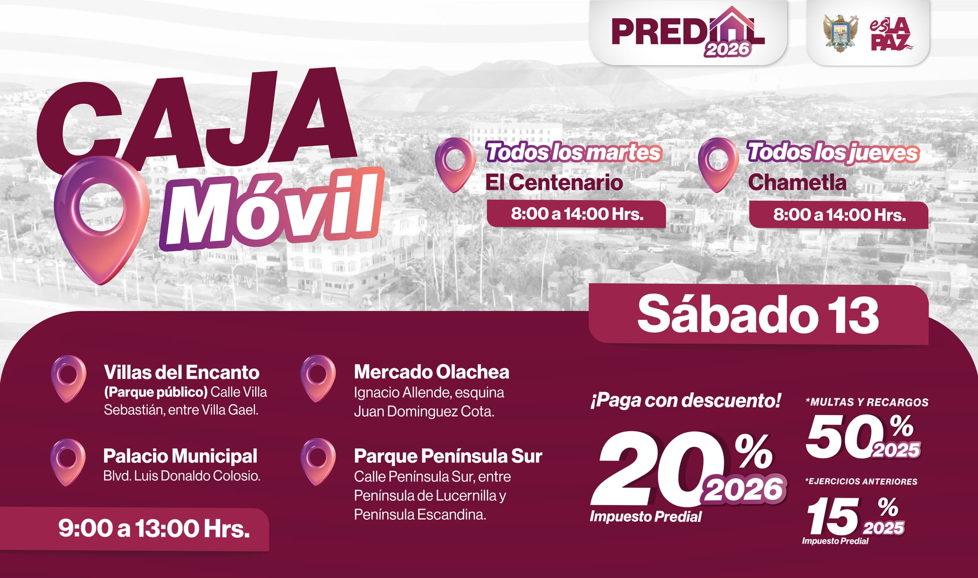 Instalarán cajas móviles para pago de Predial en La Paz este fin de semana