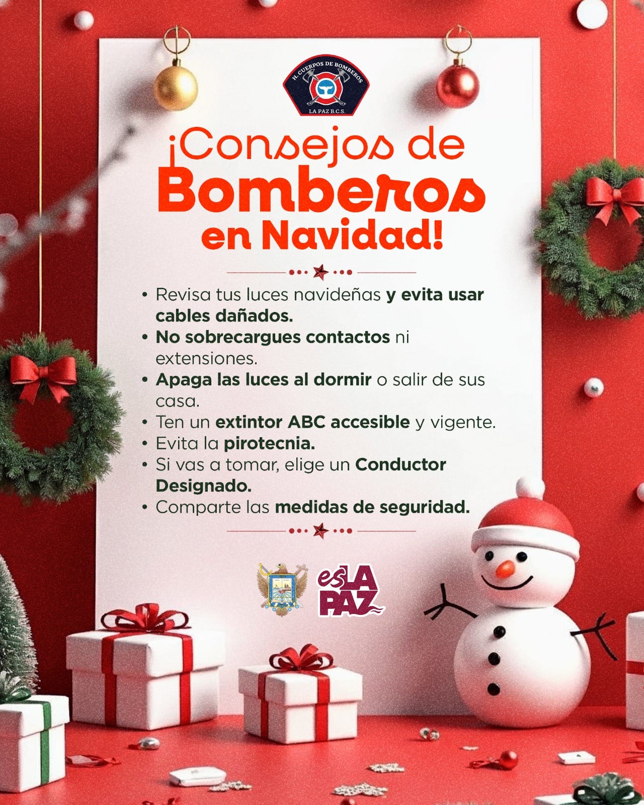 Emiten Bomberos de La Paz, recomendaciones de seguridad por temporada navideña
