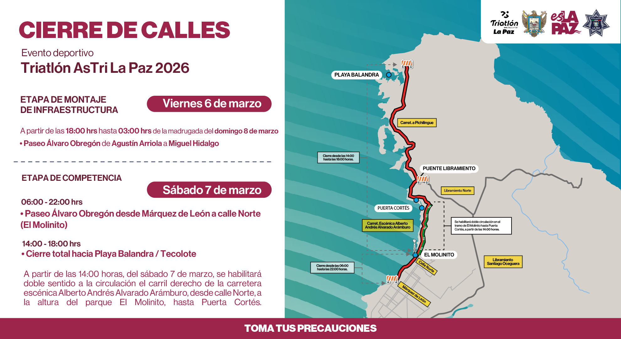 Cierre vial del malecón hasta playa Balandra por Triatlón “AsTri La Paz”