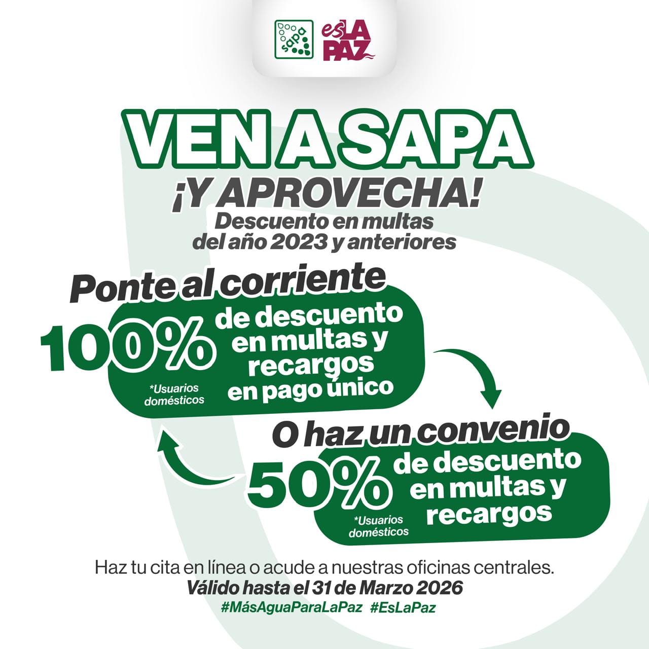 Últimos días para aprovechar el máximo descuento de OOMSAPAS La Paz en multas y recargos