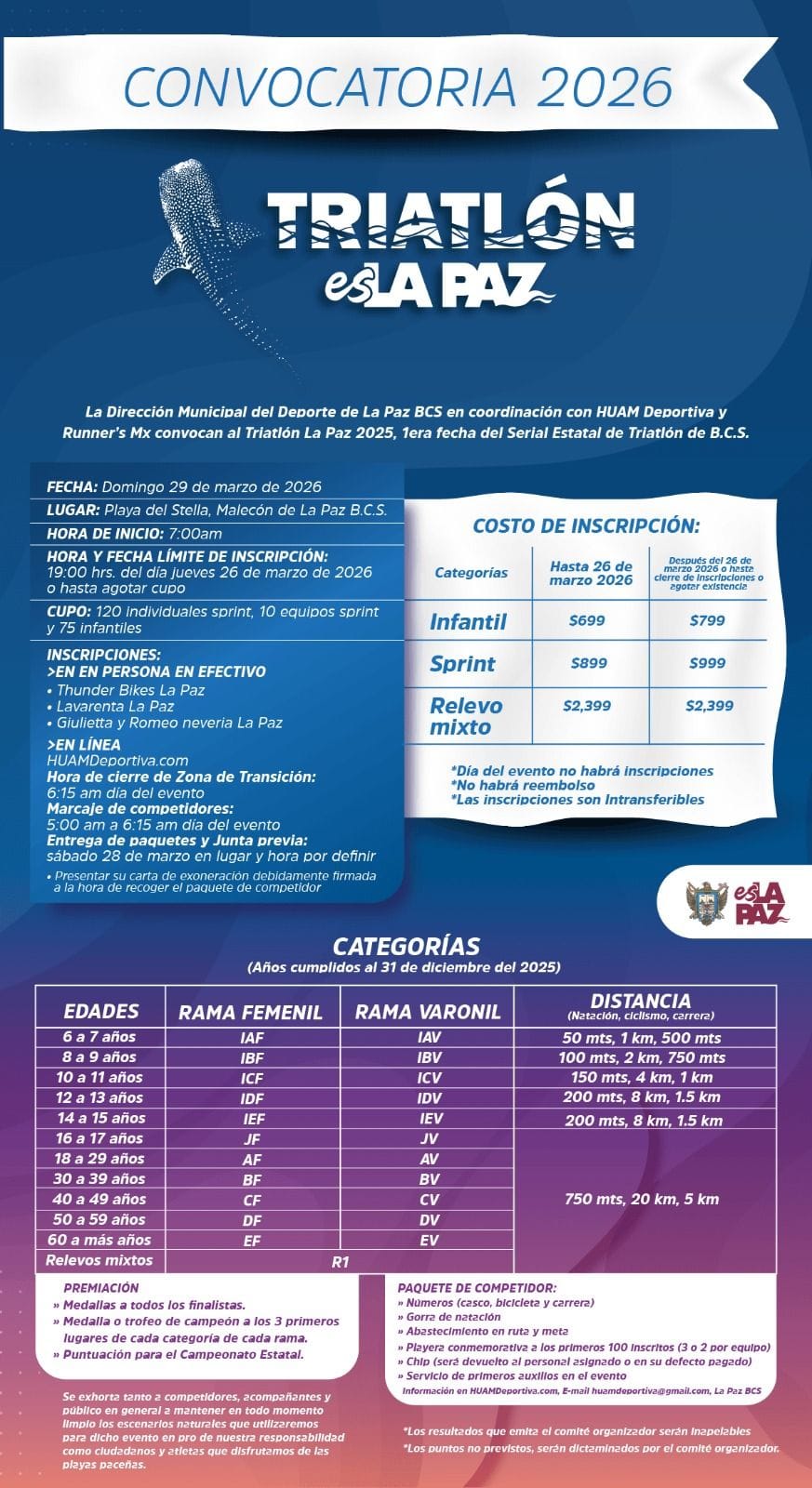 Invita Dirección Municipal del Deporte a participar en el Triatlón Es La Paz