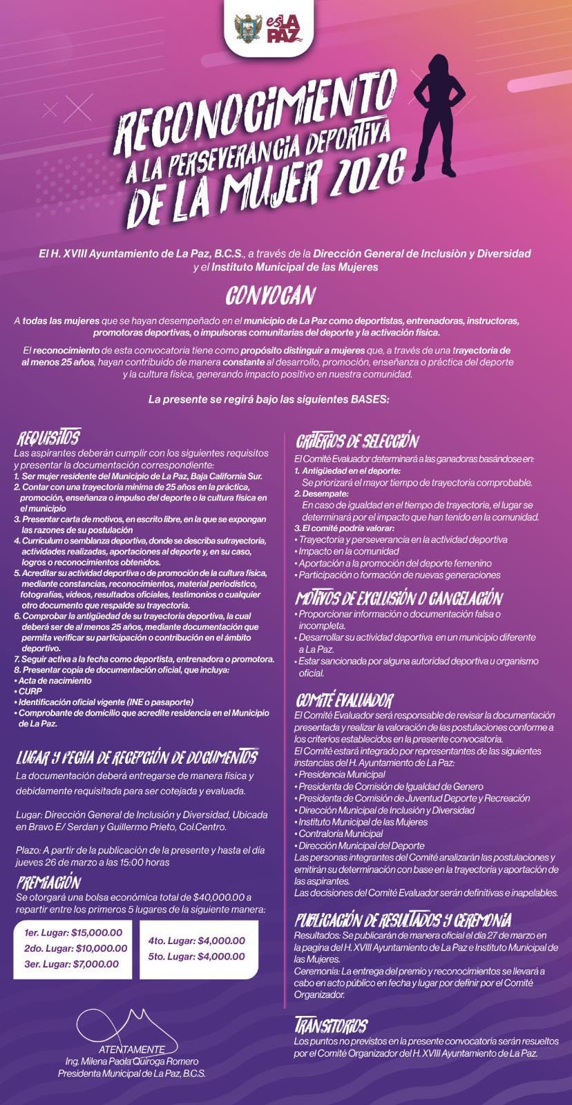 Últimos días para participar en la convocatoria al Reconocimiento a la Perseverancia Deportiva de la Mujer en La Paz