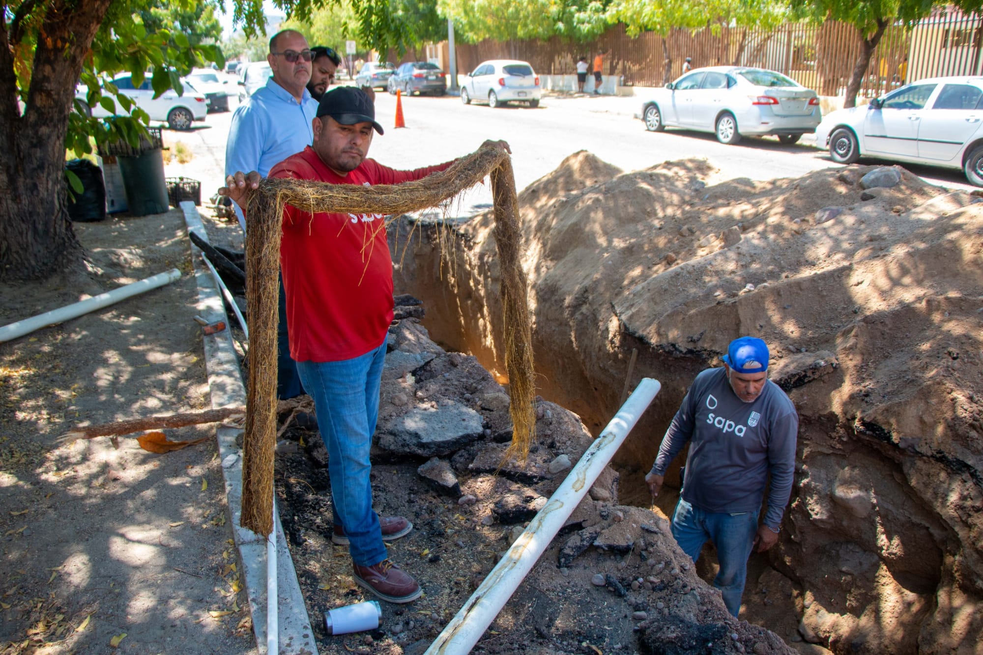 OOMSAPAS La Paz atiende obstrucción por raíces en tubería de la colonia Guerrero