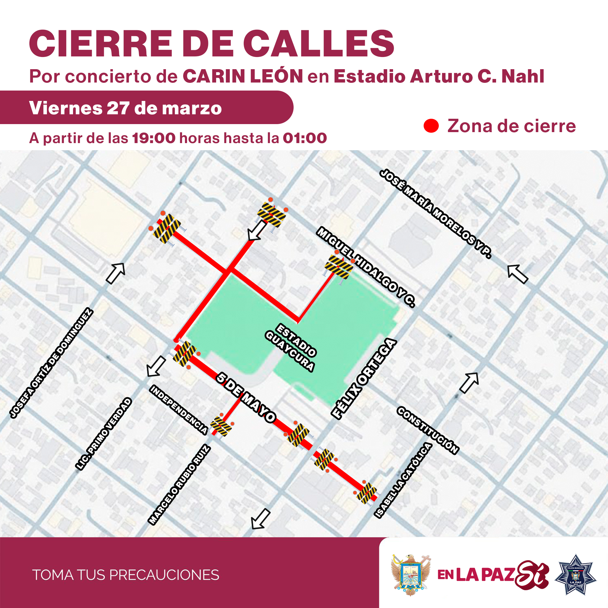 Anuncia Ayuntamiento de La Paz, diversos cierres viales del 26 al 29 de marzo