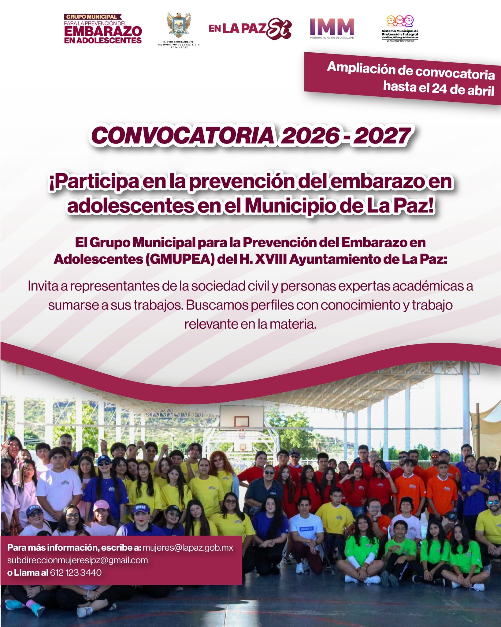 Amplía IMM La Paz convocatoria para vocalías del Grupo Municipal para la Prevención del Embarazo en Adolescentes (GMUPEA)