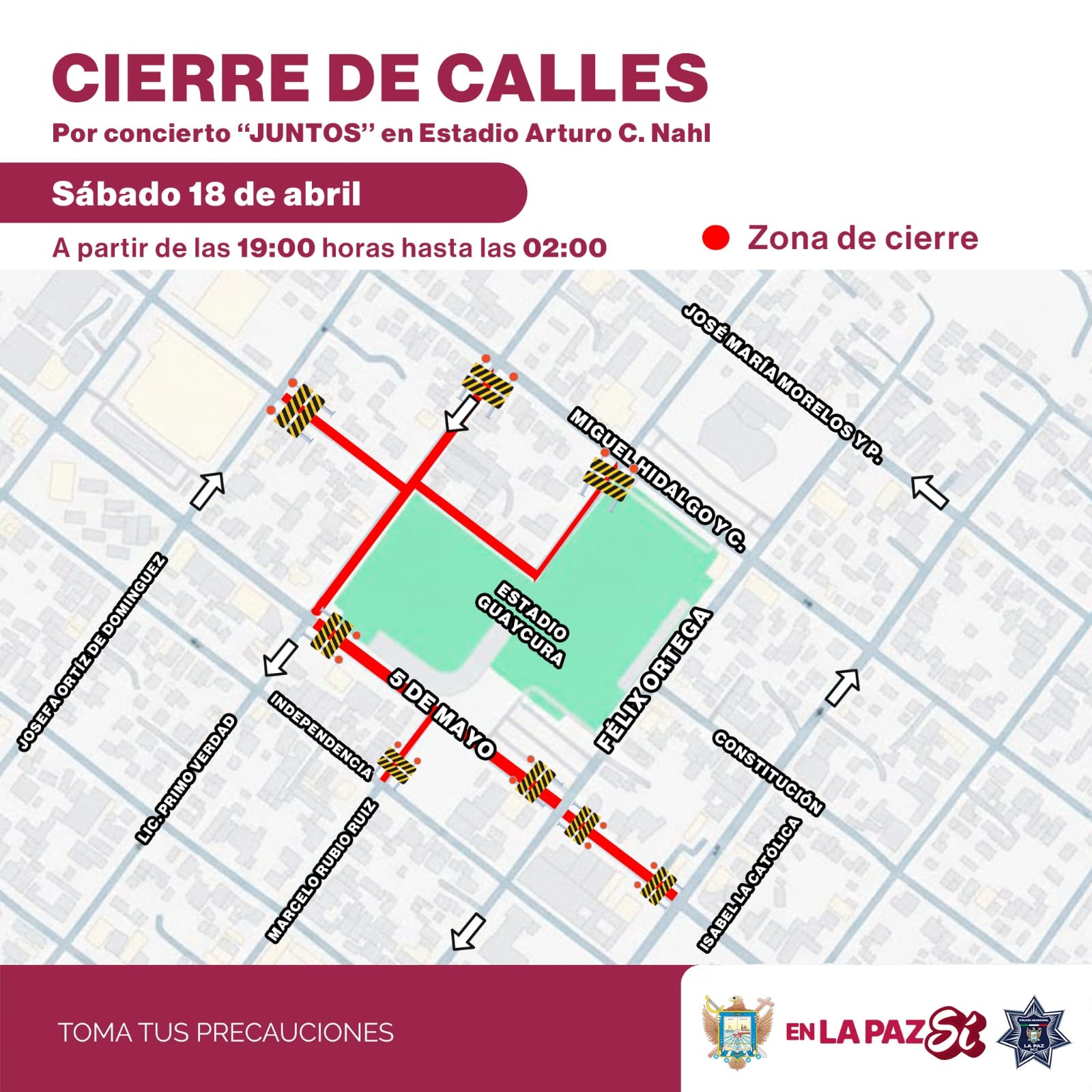 Anuncia Ayuntamiento de La Paz cierres viales el sábado 18 de abril