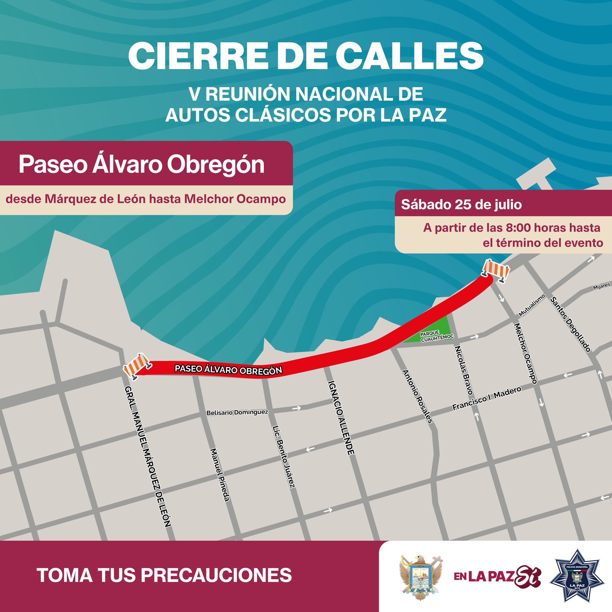 Cierre vial en el malecón de La Paz por V Reunión Nacional de Autos Clásicos