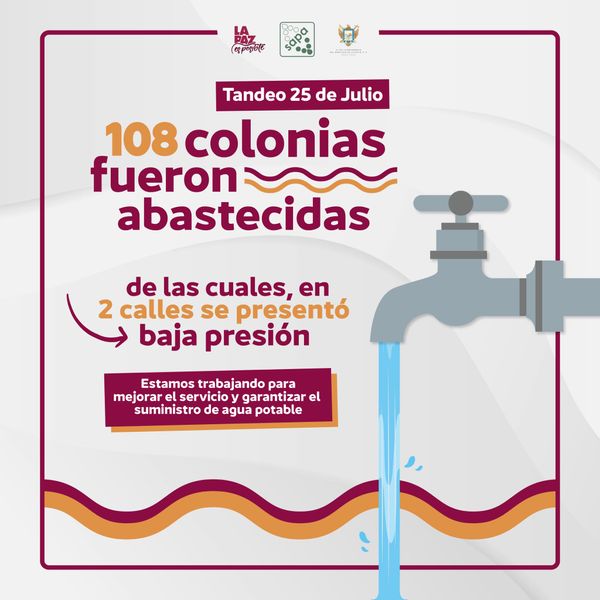 Un total de 108 colonias fueron suministradas con agua a través de la red el 25 de julio