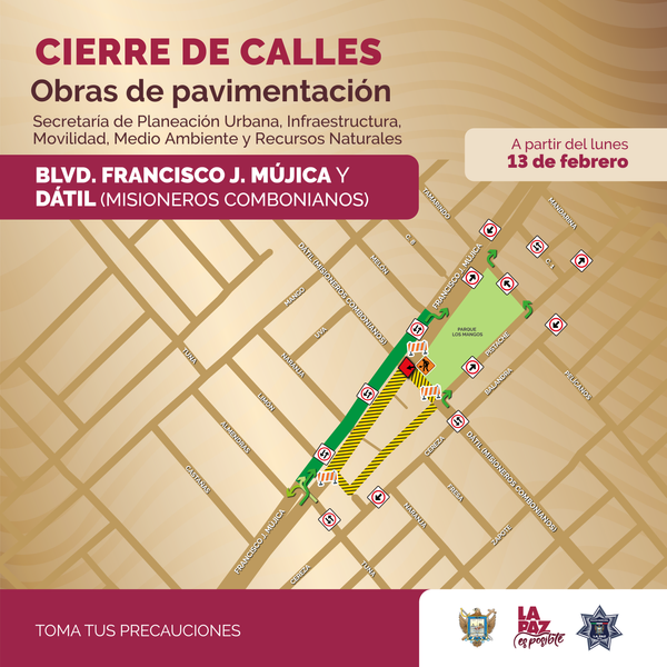 Por obra de reconstrucción con concreto hidráulico habrá cierre de circulación vial en el crucero de bulevar Francisco J. Mújica y calle Dátil (Misioneros Combonianos)