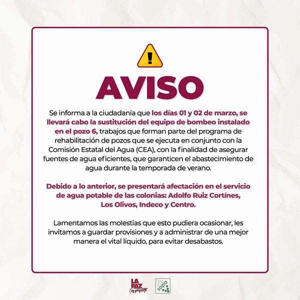 Por instalación de un nuevo equipo de bombeo en un pozo, se presentará afectación en 4 colonias: OOMSAPAS La Paz