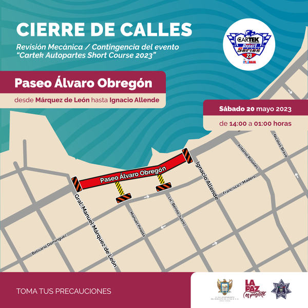 Cierre vial del malecón por revisión mecánica de participantes del Campeonato Cartek Probaja Desert Series 2023.