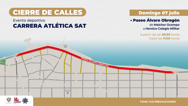 Cierre vial en el Paseo Álvaro Obregón por evento deportivo “Carrera Atlética SAT”