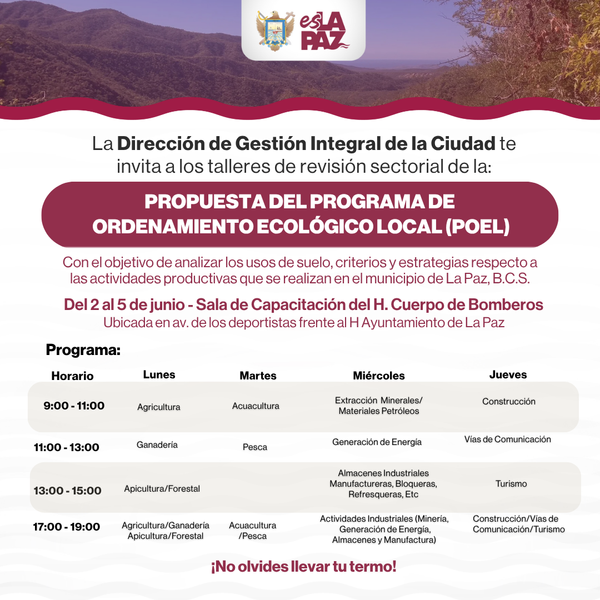 Invita Ayuntamiento de La Paz a participar en Talleres Sectoriales de Participación del POEL