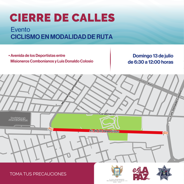 Cierre vial en avenida de los Deportistas para este fin de semana por eventos de ciclismo