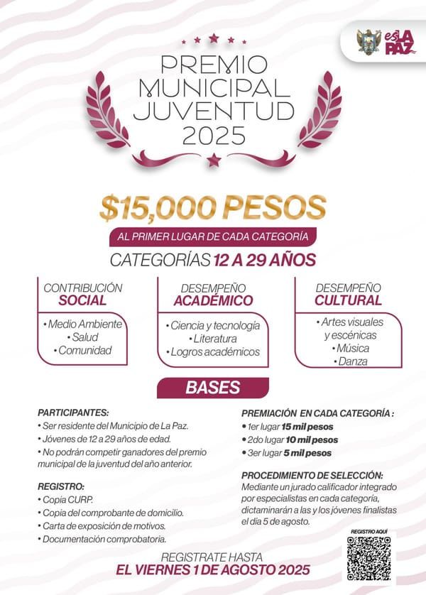 Invita Ayuntamiento de La Paz a participar en el Premio Municipal de la Juventud 2025