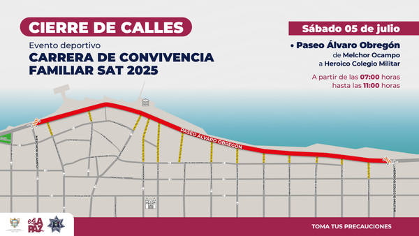 Cierre vial en el Paseo Álvaro Obregón por evento deportivo “Carrera de convivencia familiar SAT 2025”